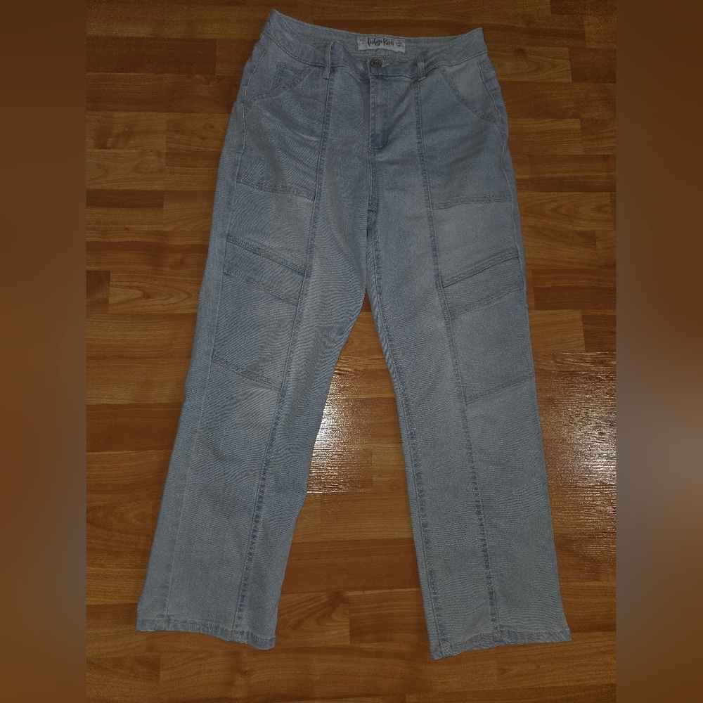 Juniors Sz 9 Indigo Rein High Rise Utility Crop Jeans Stretch Light Wash